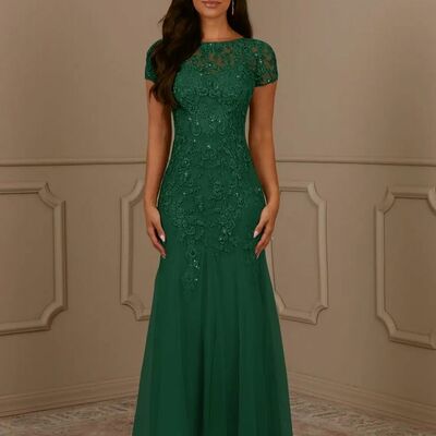 Elegant mother of the bride/groom dress dark green lace sequins evening formal prom dress