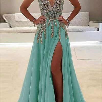 Elegant mother of the bride/groom dress green beading crystals evening formal prom dress