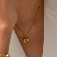 Gold Plated Bow Charm Necklace - Thumbnail 2