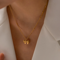 Gold Plated Bow Charm Necklace - Thumbnail 1