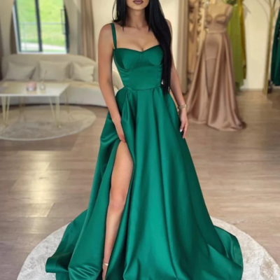 Straps dark green satin prom dresses - Thumbnail 2