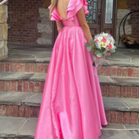 Beautiful A-Line Ruffles Pink Satin Prom Dresses With Split - Thumbnail 1