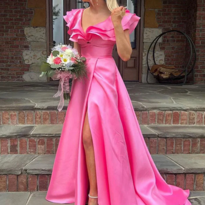 Beautiful a-line ruffles pink satin prom dresses with split - Thumbnail 1