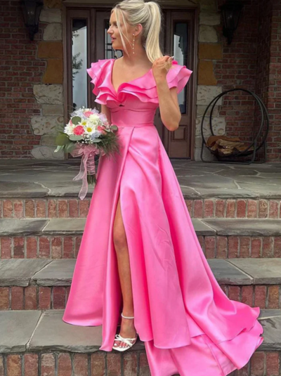 Beautiful A-Line Ruffles Pink Satin Prom Dresses With Split