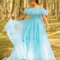 Off Shoulder Light Blue Tiered Tulle A-Line Prom Dresses - Thumbnail 1