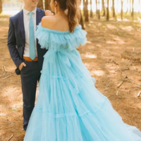 Off Shoulder Light Blue Tiered Tulle A-Line Prom Dresses - Thumbnail 2