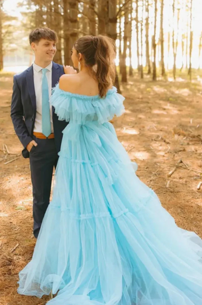 Off Shoulder Light Blue Tiered Tulle A-Line Prom Dresses