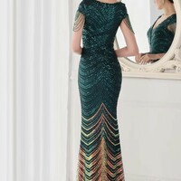 Luxury Elegant Sequined V Neck Mermaid Dress - Thumbnail 2