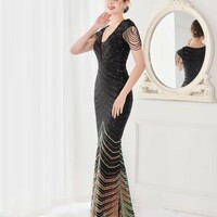Luxury Elegant Sequined V Neck Mermaid Dress - Thumbnail 4