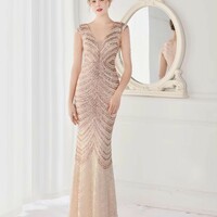 Luxury Elegant Sequined V Neck Mermaid Dress - Thumbnail 6