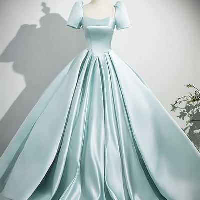 Blue satin long prom dress, beautiful a-line short sleeve party dress - Thumbnail 1