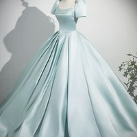 Blue Satin Long Prom Dress, Beautiful A-Line Short Sleeve Party Dress - Thumbnail 2