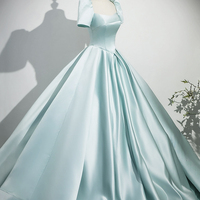 Blue Satin Long Prom Dress, Beautiful A-Line Short Sleeve Party Dress - Thumbnail 3