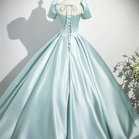 Blue Satin Long Prom Dress, Beautiful A-Line Short Sleeve Party Dress - Thumbnail 4