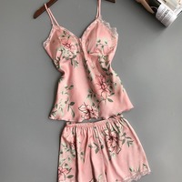 Women Silk Pajama Set Fashion Print Suspenders and Shorts - Thumbnail 1