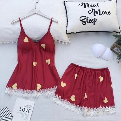 Women 2 pieces silk sleepwear pyjamas love print vest shorts set 