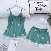 Women 2 Pieces Silk Sleepwear Pyjamas Love Print Vest Shorts Set  - Thumbnail 1