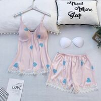 Women 2 Pieces Silk Sleepwear Pyjamas Love Print Vest Shorts Set  - Thumbnail 2