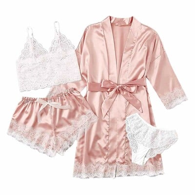  sexy women's sleepwear four piece lace silk suspender tops shorts robe pajamas set