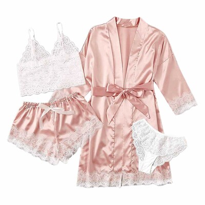  sexy women's sleepwear four piece Lace Silk Suspender Tops Shorts Robe Pajamas Set