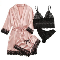  sexy women's sleepwear four piece Lace Silk Suspender Tops Shorts Robe Pajamas Set - Thumbnail 1