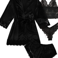  sexy women's sleepwear four piece Lace Silk Suspender Tops Shorts Robe Pajamas Set - Thumbnail 2
