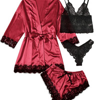  sexy women's sleepwear four piece Lace Silk Suspender Tops Shorts Robe Pajamas Set - Thumbnail 3