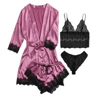  sexy women's sleepwear four piece Lace Silk Suspender Tops Shorts Robe Pajamas Set - Thumbnail 4