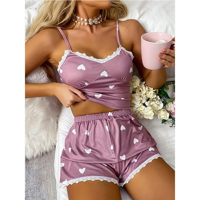 New summer love lace suspender shorts pajamas set  women's home dress
