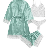  sexy women's sleepwear four piece Lace Silk Suspender Tops Shorts Robe Pajamas Set - Thumbnail 5