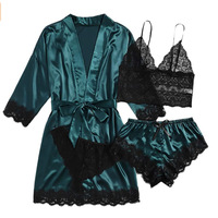  sexy women's sleepwear four piece Lace Silk Suspender Tops Shorts Robe Pajamas Set - Thumbnail 6