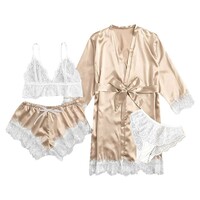  sexy women's sleepwear four piece Lace Silk Suspender Tops Shorts Robe Pajamas Set - Thumbnail 8