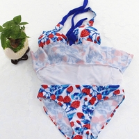 Cute Fashion Women Girls Strawberry Retro Floral Halter Neck Swimsuit - Thumbnail 6