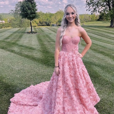 Princess lace ball gown sweetheart pink 3d flower prom dresses ,pd230859 - Thumbnail 2