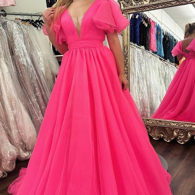 Cute v neck ball gown pink tulle long prom dresses with ruffled sleeves,pd230860 - Thumbnail 3
