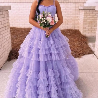 Cute  lavender ball gown sweetheart tulle long prom dresses with beading,pd230861 - Thumbnail 2