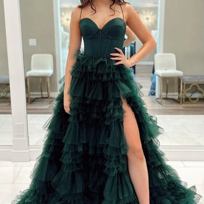 Cute sweetheart dark green ball gown tulle long prom dresses with slit,pd230862