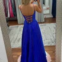 Cute V Neck Royal Blue Satin A Line Prom Dresses with Beadings ,PD230863 - Thumbnail 1