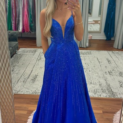 Cute v neck royal blue satin a line prom dresses with beadings ,pd230863