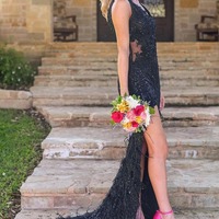 Sparkly V Neck Black Sequins Lace Mermaid Prom Dresses with Feather,PD230864 - Thumbnail 1