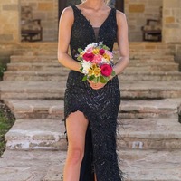 Sparkly V Neck Black Sequins Lace Mermaid Prom Dresses with Feather,PD230864 - Thumbnail 2