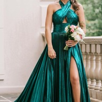 Charming Halter Dark Green Satin A Line Prom Dresses with Slit ,PD230865 - Thumbnail 1