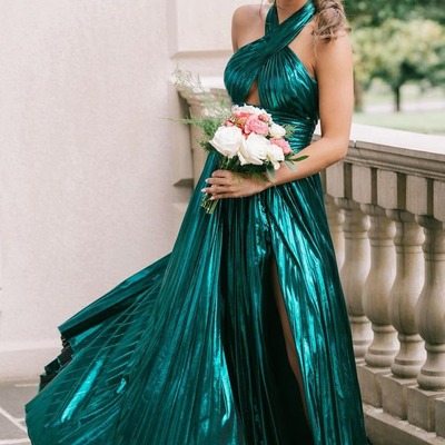 Charming halter dark green satin a line prom dresses with slit ,pd230865 - Thumbnail 2