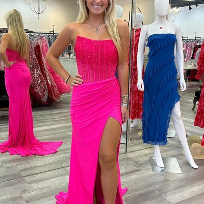 Charming scoop neck hot pink satin long mermaid prom dresses with beading,pd230867
