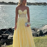 Cute Sweetheart Daffodial Tulle A Line Long Prom Dresses with Appliques,PD230868 - Thumbnail 1