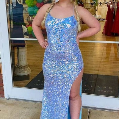 Sparkly scoop neck light blue sequins long mermaid prom dresses with slit,pd230870 - Thumbnail 4