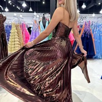 Charming Sweetheart Brown Sparkly Satin A Line Long Prom Dresses with Slit,PD230871 - Thumbnail 1