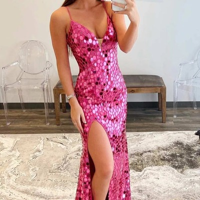 Sparkly v neck sparkly sequins long mermaid prom dresses with slit,pd230872 - Thumbnail 3