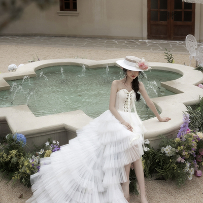 White strapless tulle long prom dress, a-line sweetheaet neck party dress - Thumbnail 1