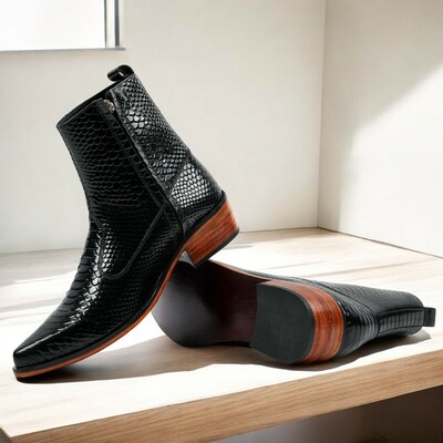 Ankle high handmade black python texture leather boot for men's